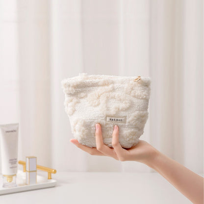 White Plushed Love Jacquard Make Up Bag