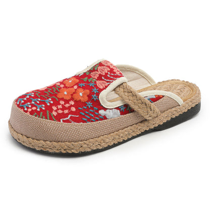 Spring And Summer New Cotton And Linen Slippers Women'S Ethnic Style Hand-Sewn Craft Bag Head Flat-Bottomed Slippers