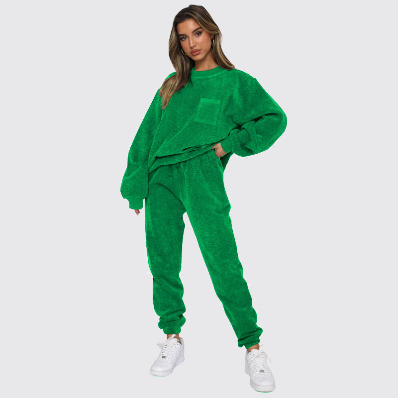 Solid Color Corduroy Casual Pullover Set