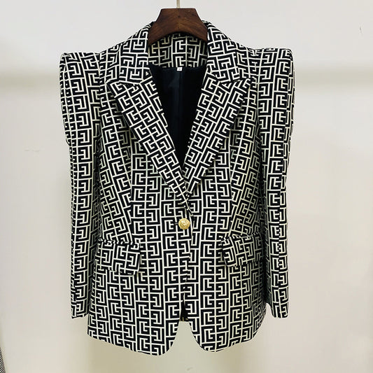Stylish Geometric Pattern Blazer With Single Button Closure