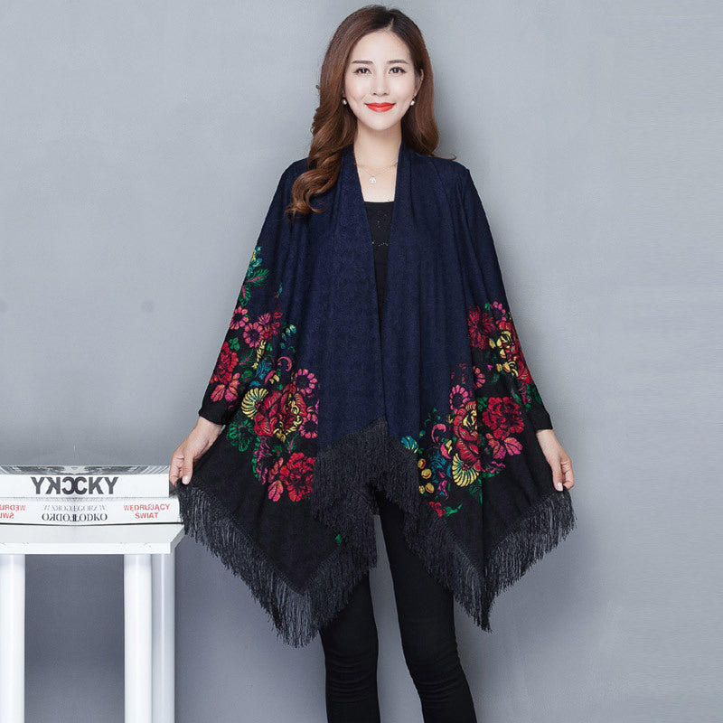 Autumn Outerwear Women'S Mid Length Ethnic Style Cape Printed Loose Outerwear Cape With Oversized Cardigan