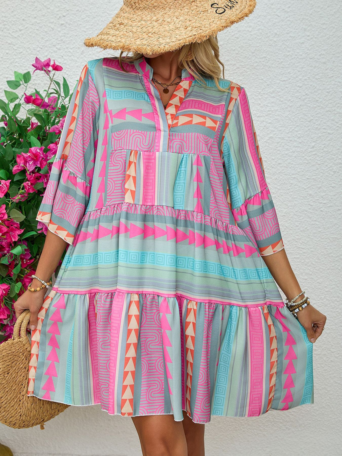 Women'S Clothing New Spring And Autumn Printing V-Neck Seven-Quarter Sleeve Dress