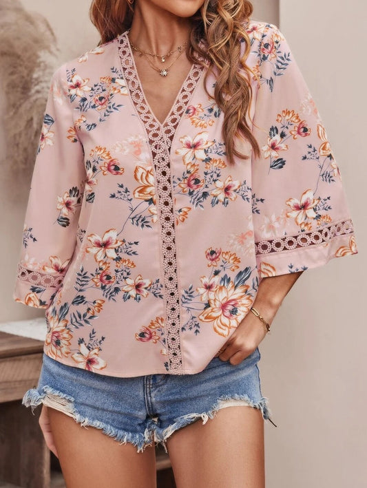 V-Neck Print Panel Lace Flare Sleeve Top Blouse