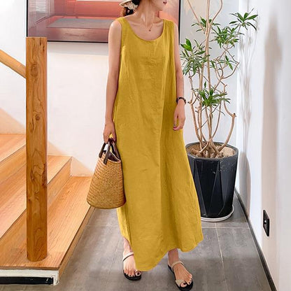 Summer New Cotton And Hemp Simple Style Loose Pocket Round Neck Style Sleeveless Long Sling Dress