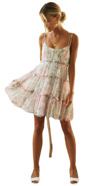 Fashion Women'S Dress With Hanging Strap, Printed Lace Up, Large Hem Dress