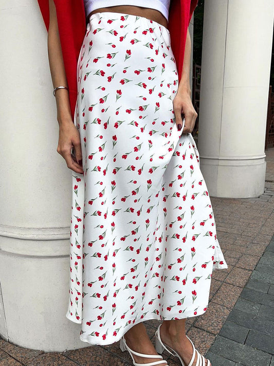 Cherry Print Elegant High-Waisted Midi Skirt