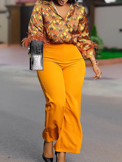 Elegant Printed Long Sleeve Shirt And Wide Leg Pants Set