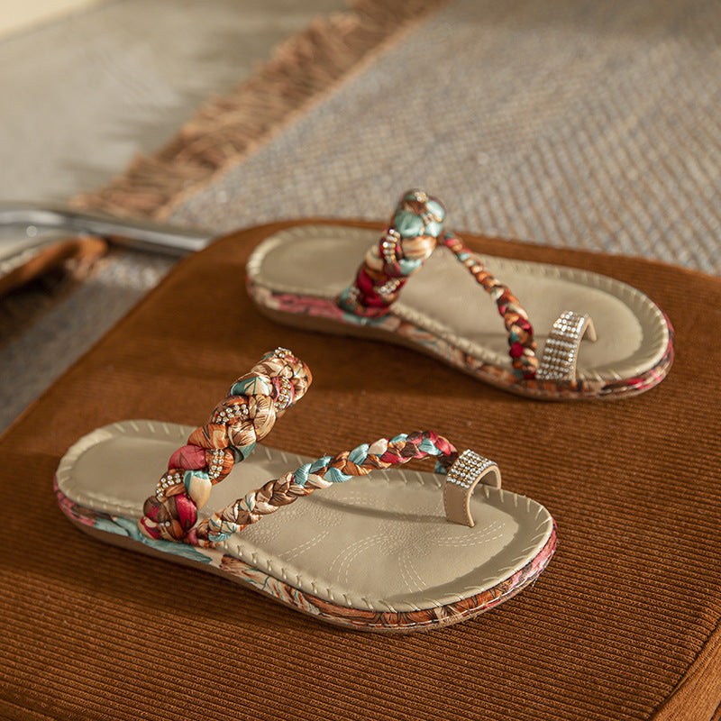 Bohemian Fashion Wooden Bead Rhinestone Wedge Heel Comfortable Large Size Sandals For Women