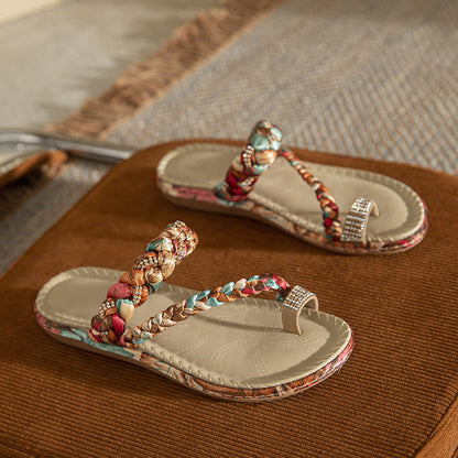 Bohemian Fashion Wooden Bead Rhinestone Wedge Heel Comfortable Large Size Sandals For Women