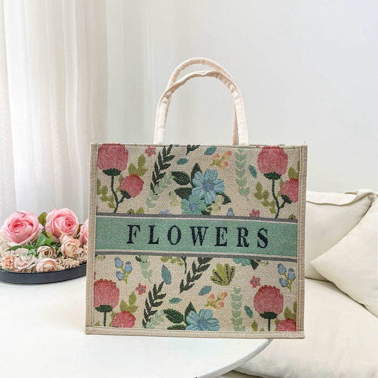 Embroidered Lily Flower Tote Bag Stylish High-Quality Linen Handbag