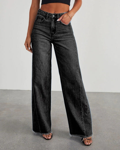 Wide-Legged Distressed Denim Pants with Side Paneling for Women