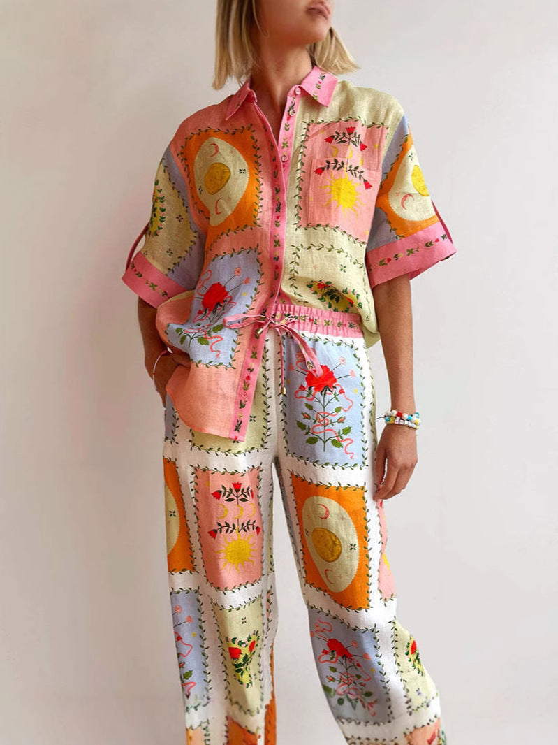 Chic Floral Linen Cardigan and Pants Set