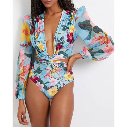 New Open Back Long Sleeved One Piece Swimwear High Waist Lace Up V-Neck Swimwear For Women Bikini