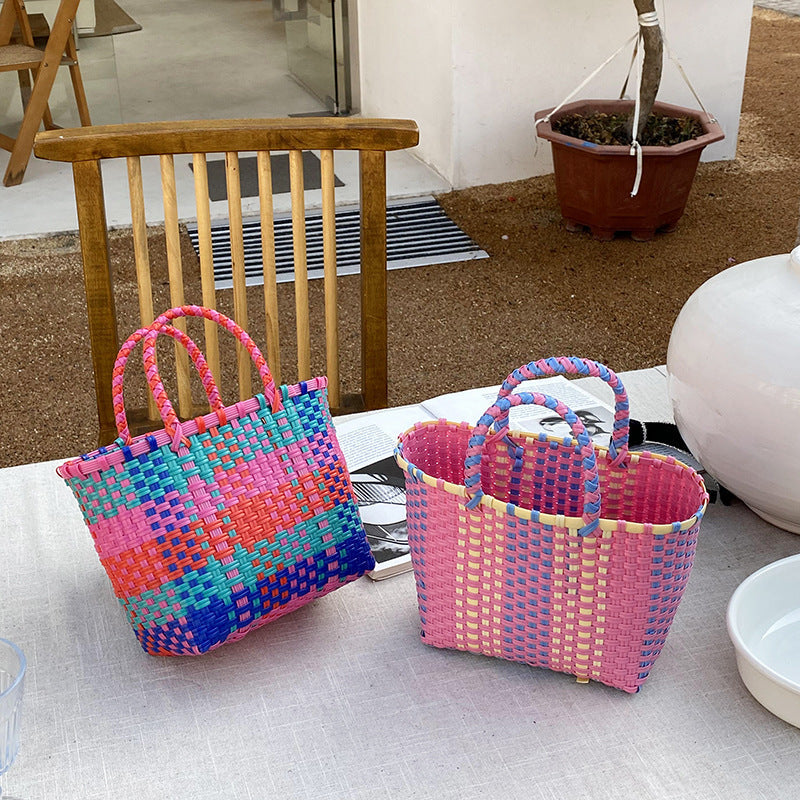 Handwoven Tote Bag Color Block Beach Bag