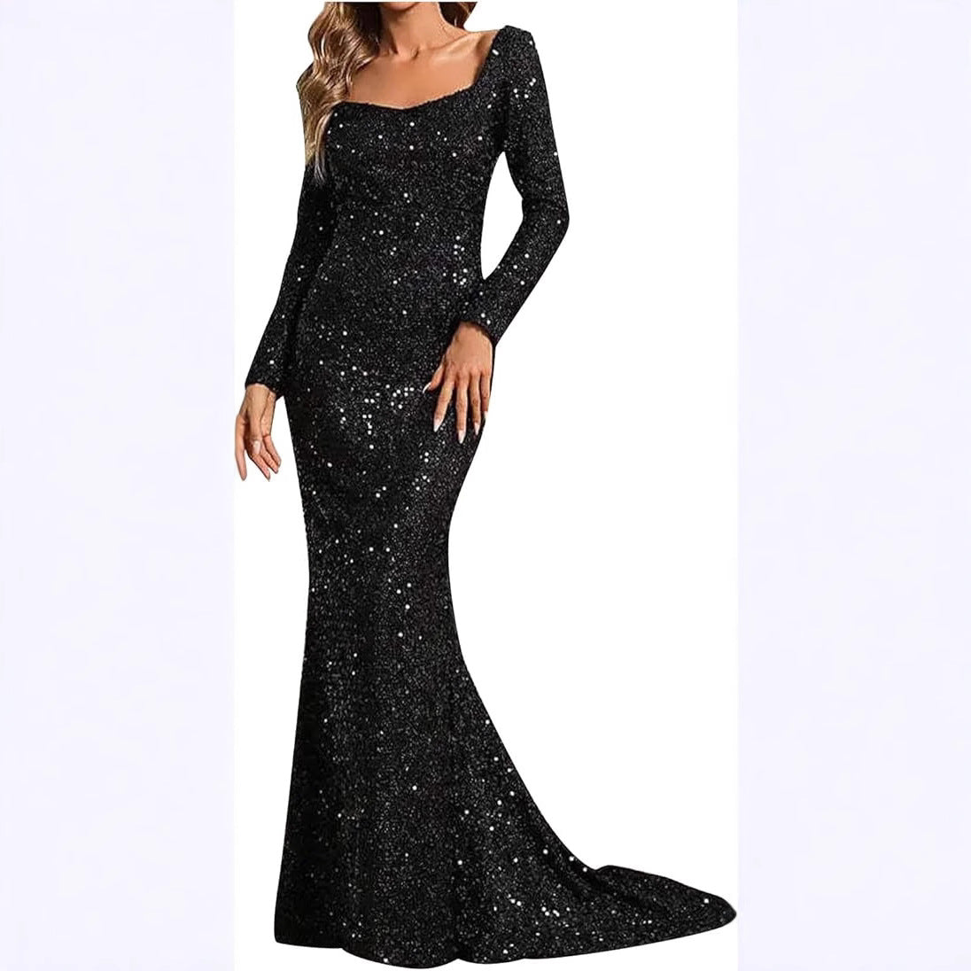 Elegant V-Neck Sequin Midi Dress With Flare Sleeves