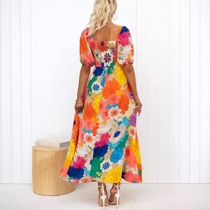 French Floral Puff Sleeve V Neck Maxi Dress