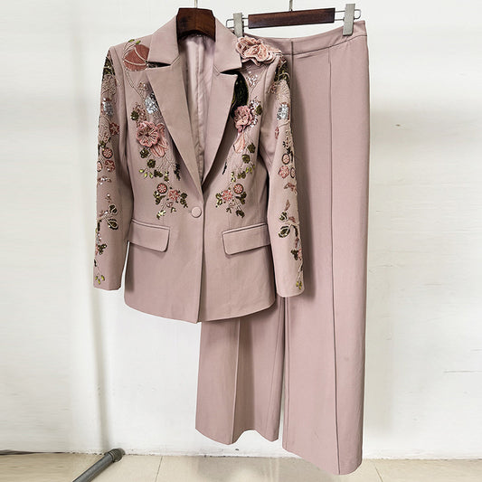 Fashionable Beaded Floral Jacket And Wide-Leg Pant Set