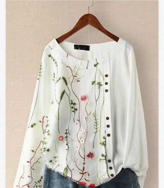 New Autumn Shirts Women'S Loose Cotton Hemp Pullover Embroidered Round Neck Top Large Pullover White Shirt