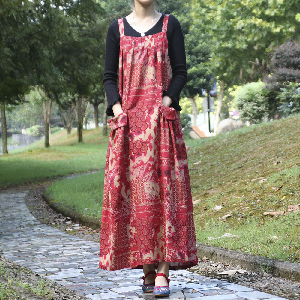 Spring And Autumn Ethnic Style Printed Cotton Hemp Strap Dress Loose Swing Large Pocket Long Dress