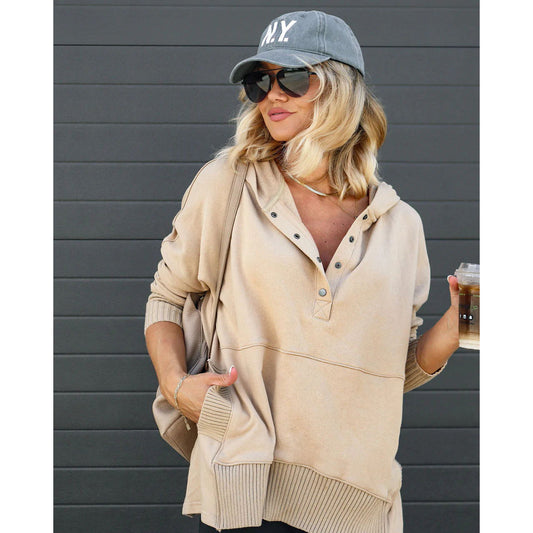 V-Neck Hooded Multi-Colored Bat-Sleeved Sweatshirt Loose Threaded Panels Top For Women