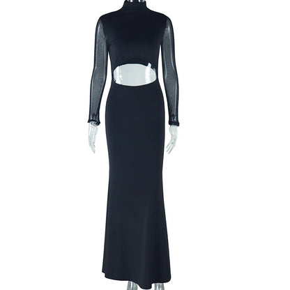 Casual Solid Color Long Sleeve Dress With Sheer Mesh Inserts