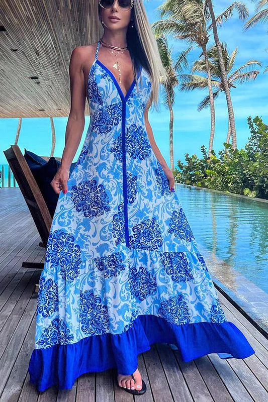 Summer Women'S Fashion Print V-Neck Slip Dress