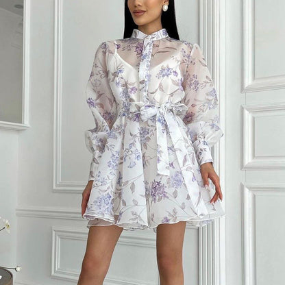 Elegant Floral A-Line Dress with Long Sleeves