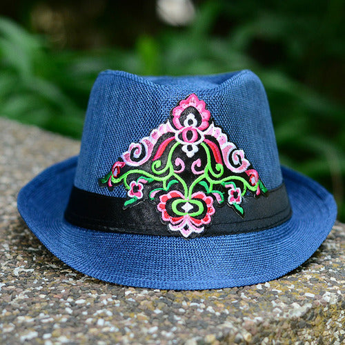 Embroidered Hat In Summer, Straw Hat, Women'S Top Hat, Tibetan Style, Sun Protection, National Style Embroidery In Summer And Autumn