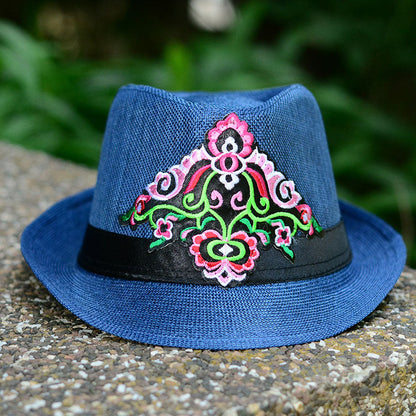 Embroidered Hat In Summer, Straw Hat, Women'S Top Hat, Tibetan Style, Sun Protection, National Style Embroidery In Summer And Autumn