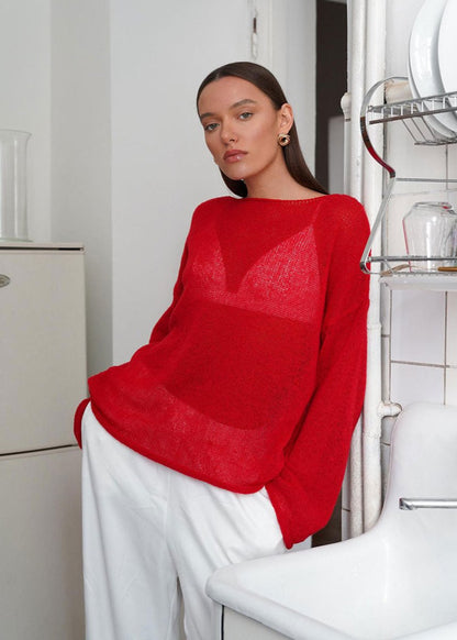 Sheer Knit Sweater Red Lightweight Relaxed Fit