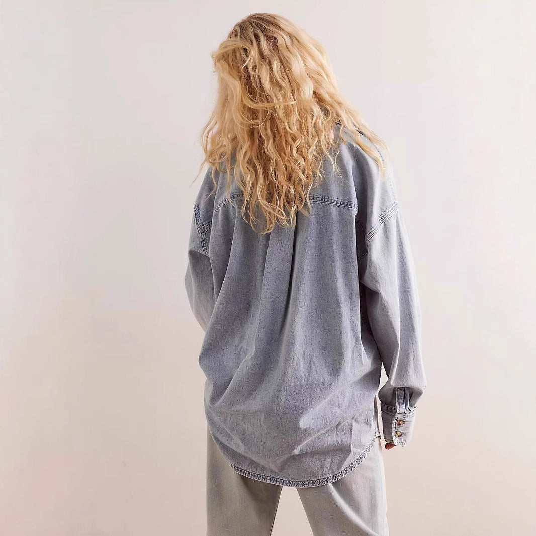 Vintage Lapel Collar Long Sleeve Denim Shirt