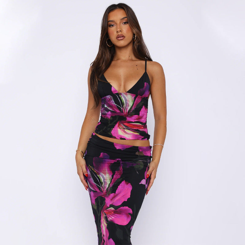 Floral Print Sexy V-Neck Top and Skirt Set
