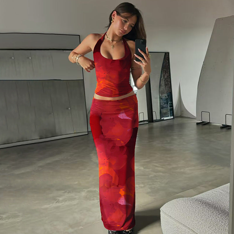 Fashion Floral Print Sexy U-Neck Slim Fit Tank Dress Set