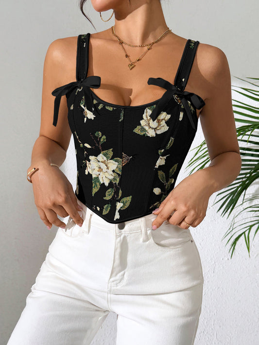 Retro Black Tank Top With Floral Design For Casual Wear