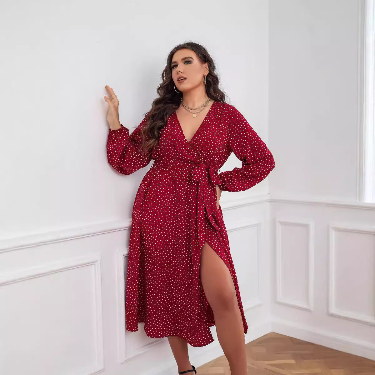 Red Polka Dot Maxi Dress Elegant Plus Size Long Sleeve