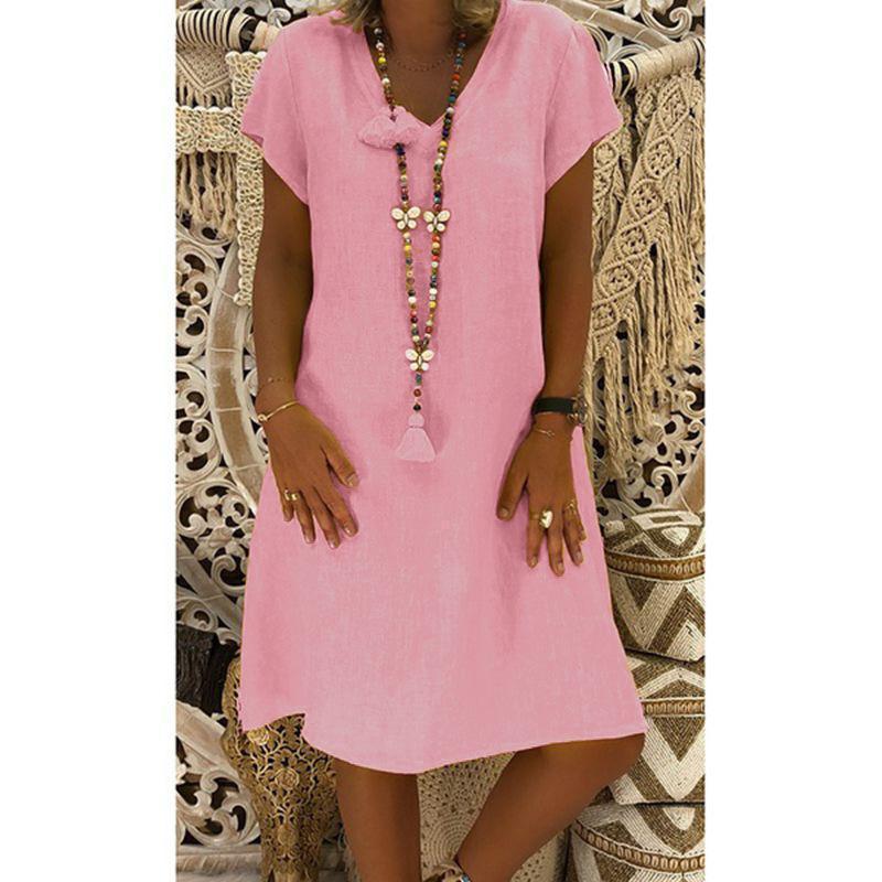 Short Sleeve Medium Skirt V-Neck Dress