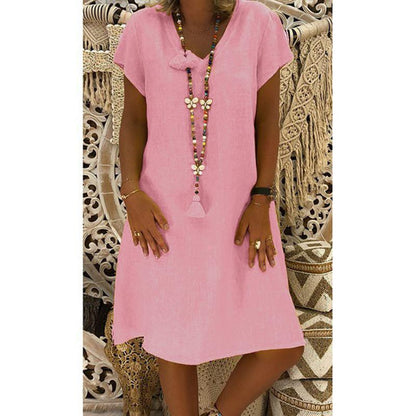Short Sleeve Medium Skirt V-Neck Dress