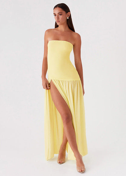 Strapless Yellow Maxi Dress With Side Slit