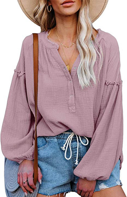 Solid Color Mosaic Lantern Sleeve Button V-Neck Casual Shirt Woman