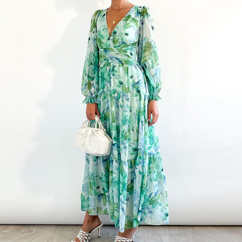 Bohemian Style New Spring And Autumn Deep V Print High Waisted Casual Long Sleeved Mid Length Dress