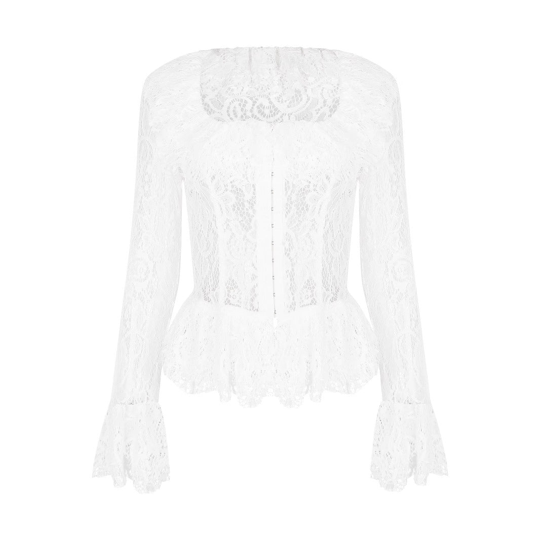 Elegant Square Neck Long Sleeve Lace Blouse