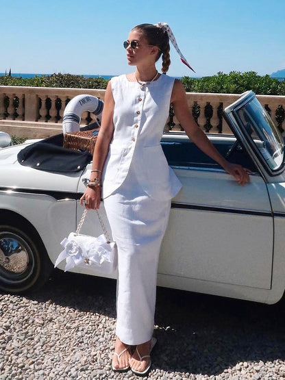 Casual Sleeveless Vest and High-Waisted Skirt Set