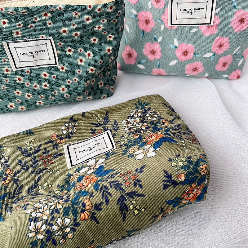 Vintage Floral Velvet Makeup Bag Portable Travel Pouch
