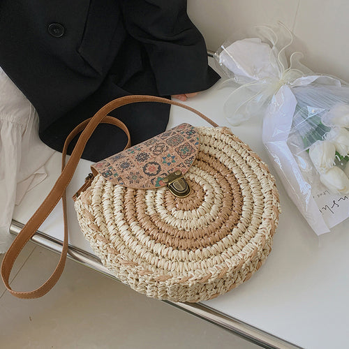 Summer Ethnic Style Woven Literature And Art Sen Series Bag For Women'S Crossbody, Minority Grass Woven Large Capacity Round Cake Bag