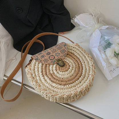 Summer Ethnic Style Woven Literature And Art Sen Series Bag For Women'S Crossbody, Minority Grass Woven Large Capacity Round Cake Bag