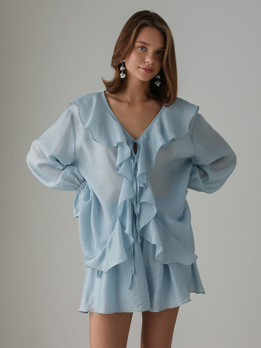 French V-Neck Ruffle Sleeve Shirt and Shorts Set