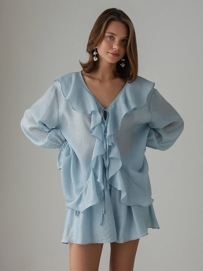 French V-Neck Ruffle Sleeve Shirt and Shorts Set
