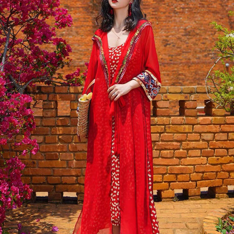 Ethnic Style Sunscreen Cardigan Women'S Thin Desert Hooded Jacket Embroidered Retro Chiffon Beach Blouse Loose Outside