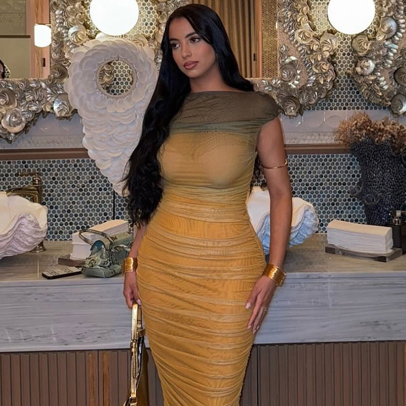 Color Block Bodycon Dress Gradient One-Shoulder Long Dress