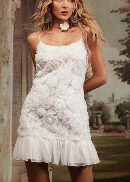 Floral Appliqué Ruffle Mini Dress White